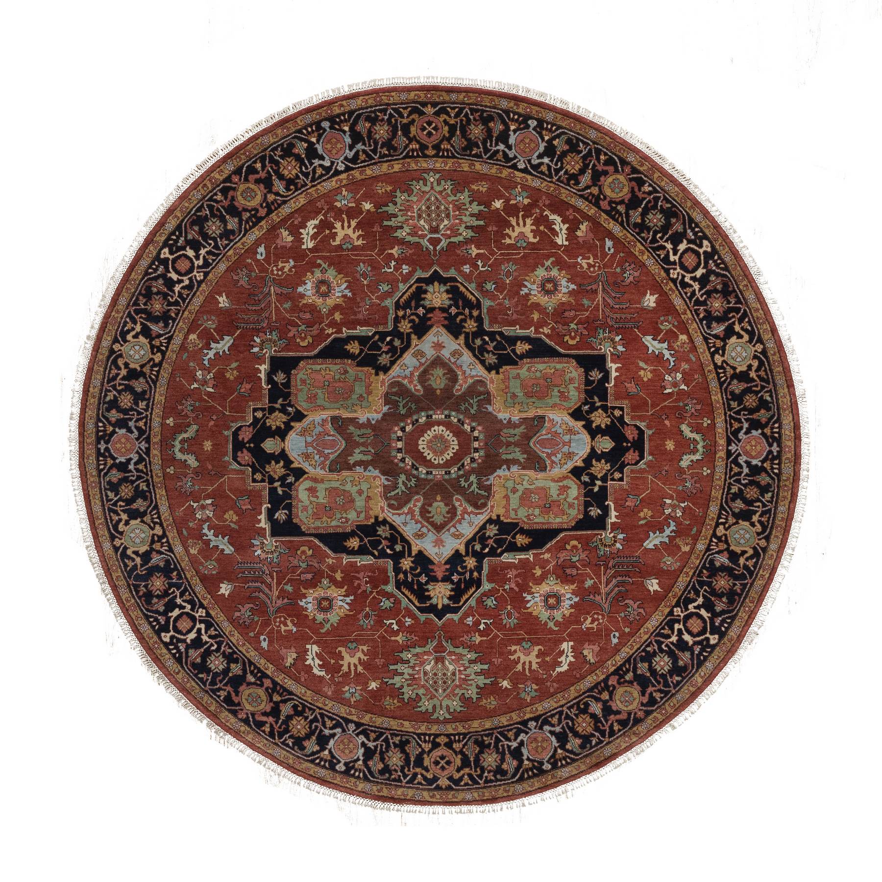 7'10"x7'10" Barn Red, Antiqued Fine Heriz Re-Creation, Medallions Design, Hand Spun New Zealand Wool, Hand Knotted, Denser Weave, Soft Pile, Vegetable Dyes, Round, Oriental Rug 